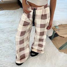 Baggy - Women Trousers Shein Tie-Waist Fluffy Plaid Print Casual Baggy Pants