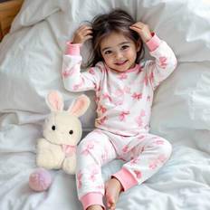 Solid Colours Pyjamases Shein Baby Girls Pink Bow Letter Print Crew Neck Long Sleeve - Toddler