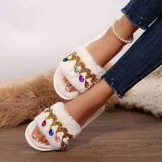Multicoloured Slippers Shein Sparkling Rhinestone Decor Fluffy Warm Slip-On Slippers - Autumn/Wint