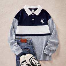Polo Shirts Children's Clothing on sale Shein Casual Cartoon Embroidered Polo Shirt Long Sleeve - Contrast Color