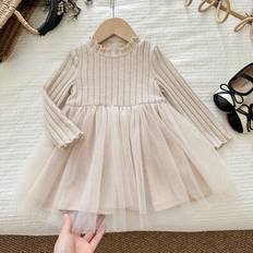 Beige Dresses Shein LMoss Kids Baby Girl Solid Color Knit Dress - Beige