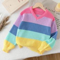 Yellow Knitted Sweaters Children's Clothing Shein Girls Striped Long Sleeve Knit Sweater - Bright