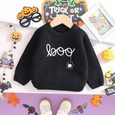 Black Knitted Sweaters Children's Clothing Shein Baby Boys Pumpkin Knitted Sweater With English Letter Spider Pattern - Soft Comfortable