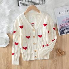 White Cardigans Shein Tween Girl Heart Pattern Cable Knit Drop - Cardigan