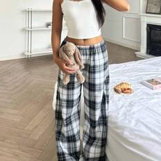 Shein Teen Girls Sweet Solid Color Camisole Plaid Pants - Black/White