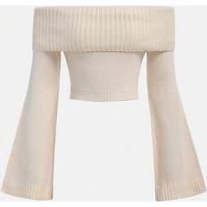 White Knitted Sweaters Children's Clothing Shein Teen Girl Off-Shoulder Flared Sleeve Cropped Knit Sweater - Almond White
