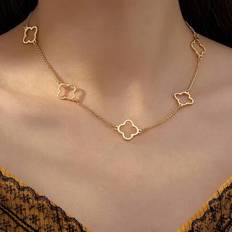 Shein Clover Hollow Long Metal Gold Necklace - European American Style