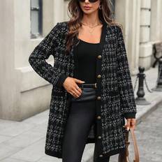 Checkered Coats Shein Plaid Long Sleeve V-Neck Casual Pocket Coat - Spring/Autumn