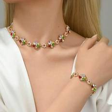 Multicoloured - Women Jewellery Sets Shein Luxury Colorful Rhinestone Inlaid Bracelet Necklace Jewelry Set - Colorful