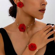 Red - Women Jewellery Sets Shein Jewelry Set Fashionable Elegant Fabric Red Rose Necklace Bracelet Earring - Red Rose