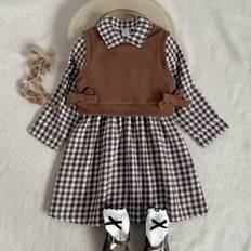 Shein Girls Casual Plaid Collar Long Sleeve Dress Knit Vest - Autumn Winter