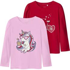 Name It Multifarvet T-shirts Name It NmfKalesja Bluse 2-Pak Pirouette W Tomato - Opal/Lyserød/Rød/Hvid