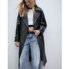 Long Faux Leather Trench Coat - Black