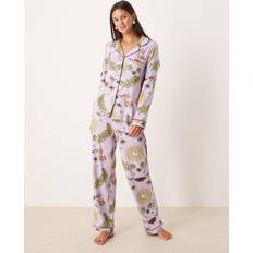 Poly Long Sleeve Revere Pyjama Set Moonlit Woodland Print - Purple