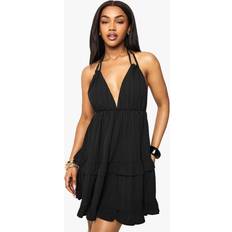 Short Dresses - Stripes boohoo Textured Stripe Crinkle Tiered Mini Dress - Black