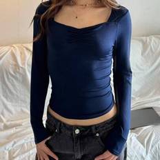 Shein Teen Girls Long Sleeve Cinched Waist T-Shirts - Navy Blue