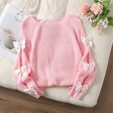 Knitted Sweaters Children's Clothing on sale Shein Tween Girl Casual Round Neck Long Sleeve Hollow Bow Knit Sweater - Autumn/Winter