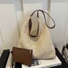 Brown Beach Bags Shein Large Capacity Solid Color Straw Beach Tote Bag