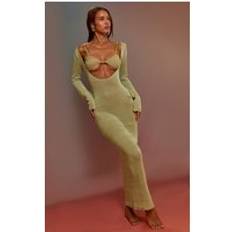 PrettyLittleThing Knit Deep Plunge Maxi Beach Dress - Sage Green