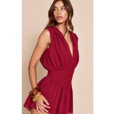 PrettyLittleThing V Neck Shirred Waist Frill Playsuit - Red