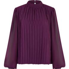 Purple Blouses Yumi Plum Pleated Long Sleeve Top With High Neck -