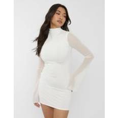 Mesh High Neck Long Sleeve Mini Dress - White