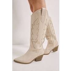 Issy Faux Leather Detailed Western Cowboy Calf Boots - Beige