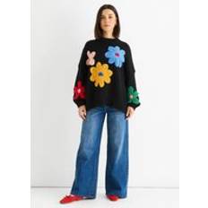 Florals - Women Jumpers Floral Crochet Chunky Knit Oversized Jumper - Black