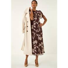 Roman Floral Print Flutter Sleeve Midi Dress - Chocolate