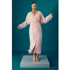 Muse Long Sleeve Feather Detail Maxi Dress - Pink