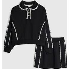 Girls Black Lace Trim Skirt Sweatshirt Set