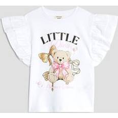 Mini Girls Frill Sleeve Bear T-Shirt - White