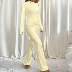 Beige - Women Suits Shein Apricot Long Sleeve Top Flared Pants Set - Women