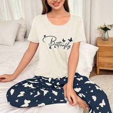 Beige Pyjamas Shein Butterfly Letter Print Short Sleeve Pants Set