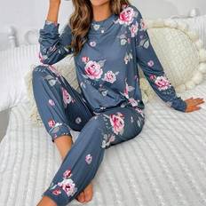 Shein Floral Print Crew Neck Long Sleeve Top Pants - Multicolor