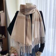 Shein Thick Khaki Faux Cashmere Plaid Warm Tassel - Khaki