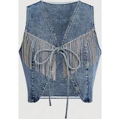 Denim - Women Vests Shein Rhinestone Fringe Front Tie Denim Vest Jacket