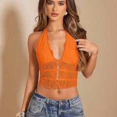 Orange Tank Tops Shein Solid Color Lace Patchwork Hollow-Out Halter Neck Cropped Tank Top - Western Wear