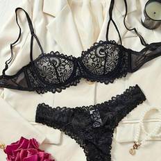 Shein New Women Sexy Lingerie Set Black Lace Floral Bra Panty 2-Piece - Black