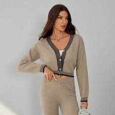 Women Suits on sale Shein Woolen Loose Home Two Piece Lounge Set - Khaki