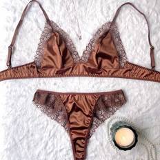 Brown - Women Lingerie Sets Shein Contrast Lace Bra Panty Lingerie Set - 2pcs