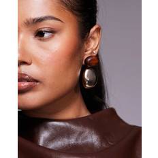 Teyrra Stud Drop Earrings Gold Wood Effect - Brown
