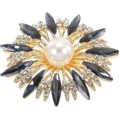 Blue - Women Brooches Uxcell Rhinestone Flower Brooch Pin Large Crystal Wreath Lapel - Gold/Dark Blue