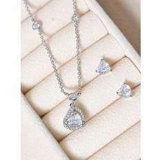 Transparent Smyckesset Jon Richard Rhodium Plated Cubic Zirconia Heart Drop Set - Silver