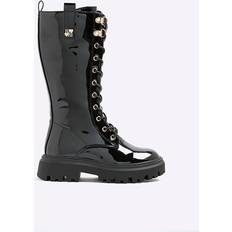 Girls Black Lace Up Knee High Boots - Black