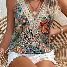 Paisley Tank Tops Temu Paisley Print V-Neck Tank Top With Contrast Lace Trim - Vibrant Floral