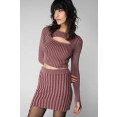 Pink - Women Suits Nasty Gal Acid Wash Cut Out Detail Ribbed Knit Two Piece Set - Purple