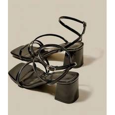 Laced - Women Heeled Sandals Shein Patent Leather Peep Toe Crisscross Strappy Platform Sandals - Black