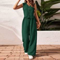 Shein Solid Color Front Button Sleeveless Blouse Long Pants Set - Fall Women