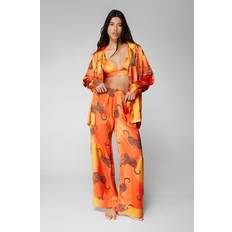Orange - Women Pyjamas Nasty Gal Pyjama Trouser Set Womens Satin Leopard 3pc - Orange